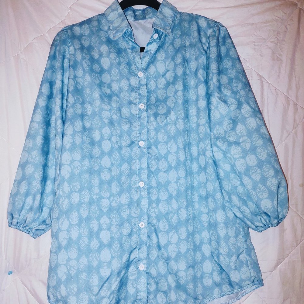 Unbranded Blouse Womens Silk Blue Button Up Long Puff Sleeves Teardrop Pattern